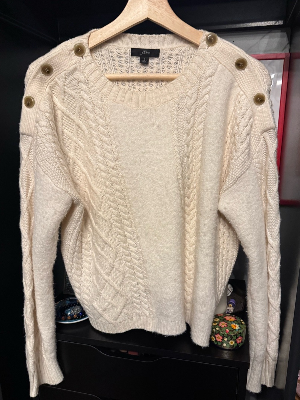 J Crew Classic Cable Knit Wool Oversized Button-Shoulder Sweater in Cream 💟❄️ - Picture 4 of 11